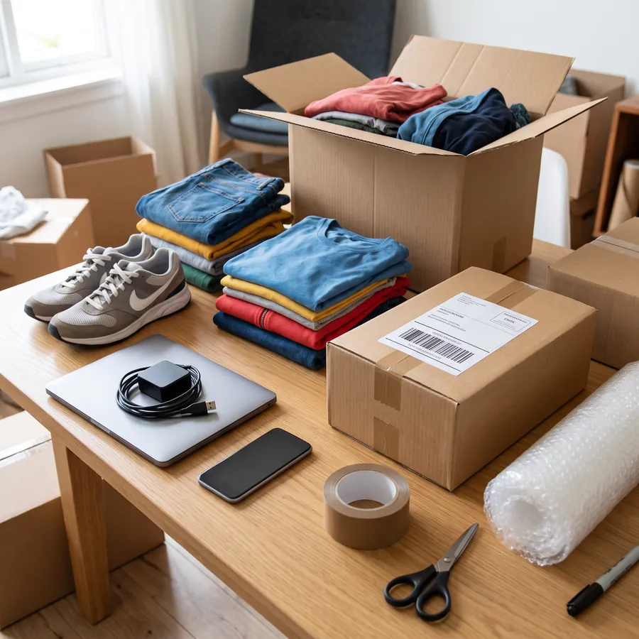 Caixas com tênis, roupas, notebook e celular prontos para enviar dos EUA para o Brasil